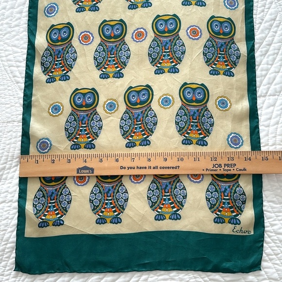Vintage Echo Silk Scarf Owls Owl Design Pale Gold Emerald Green Colorful Whimsy - Picture 7 of 15
